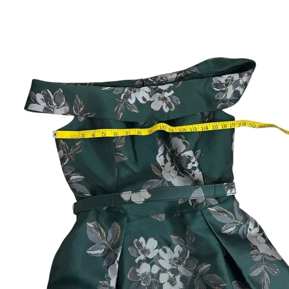 Eliza J Off the Shoulder Emerald Green Brocade Floral Belted Dress Sz 10 - Picture 10 of 16